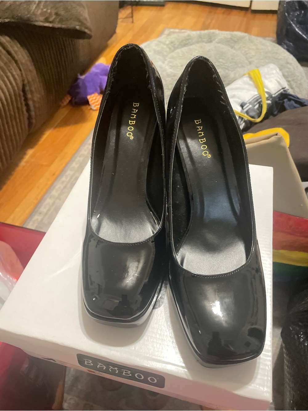 BAMBOO Black Patent Square-Toe High Heels